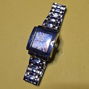 NEW Swiss Legend Silver Gold Square Black Mother of Pearl Face Watch Bracelet
